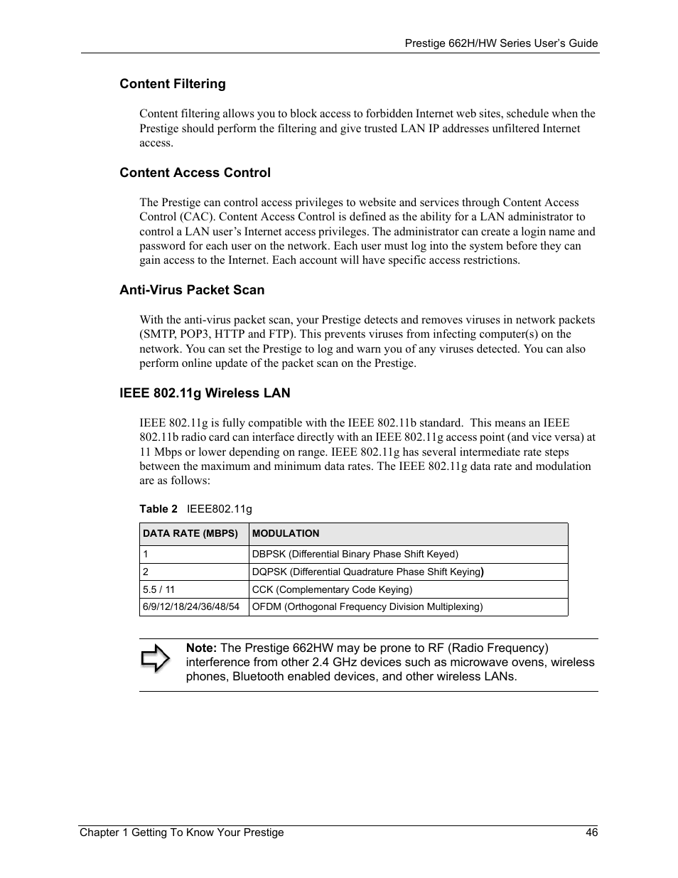 Table 2 ieee802.11g | ZyXEL Communications 662HW Series User Manual | Page 46 / 563