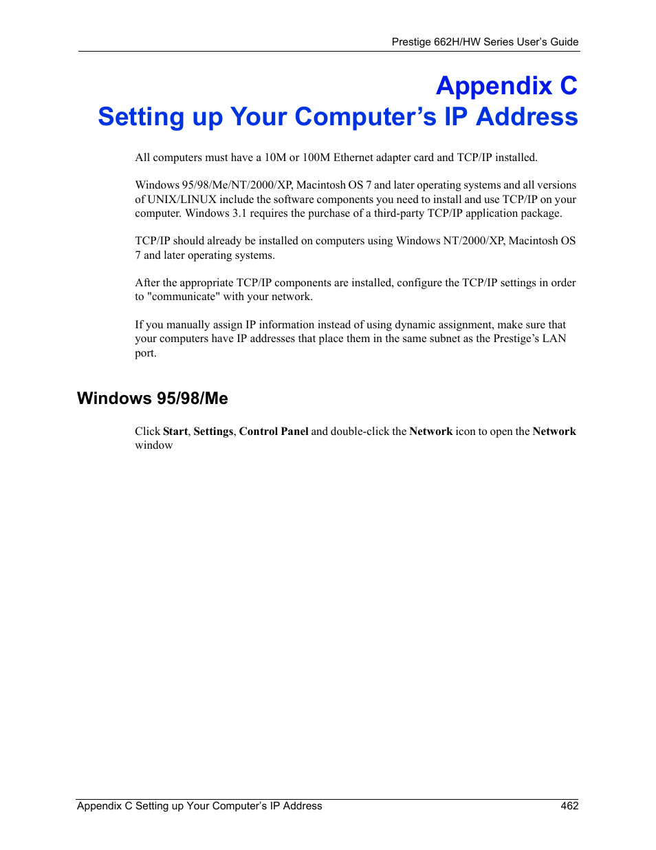 Setting up your computer’s ip address, Appendix c setting up your computer’s ip address, Windows 95/98/me | ZyXEL Communications 662HW Series User Manual | Page 462 / 563