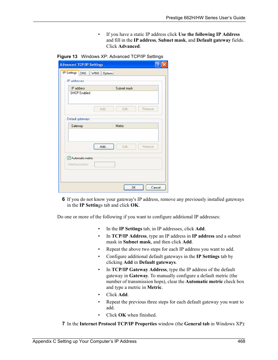 Figure 13 windows xp: advanced tcp/ip settings | ZyXEL Communications 662HW Series User Manual | Page 468 / 563