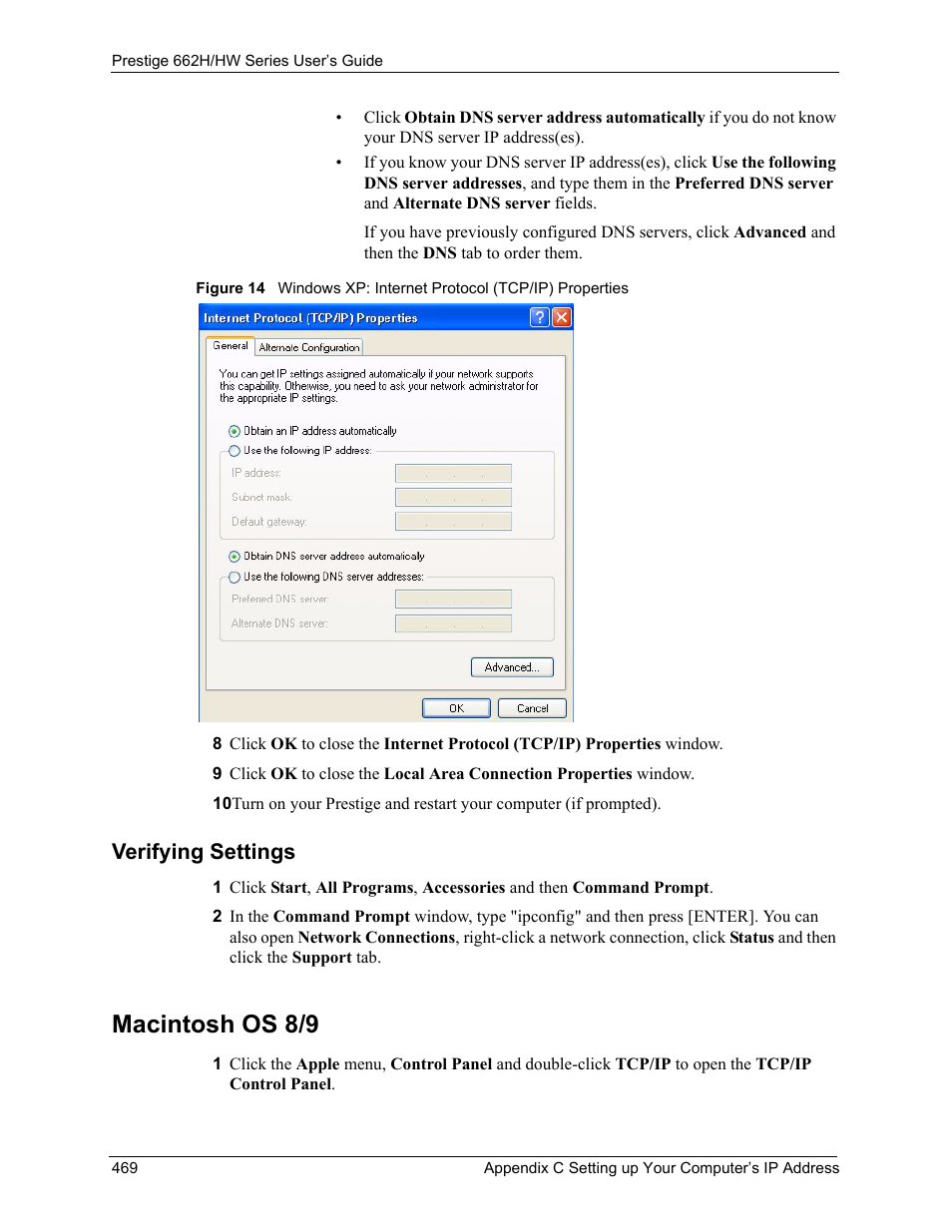Verifying settings, Macintosh os 8/9 | ZyXEL Communications 662HW Series User Manual | Page 469 / 563