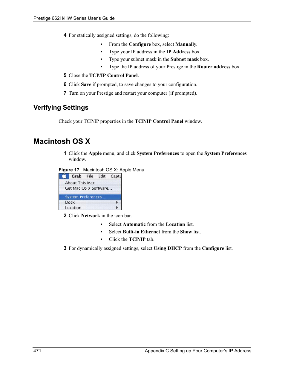 Verifying settings, Macintosh os x, Figure 17 macintosh os x: apple menu | ZyXEL Communications 662HW Series User Manual | Page 471 / 563