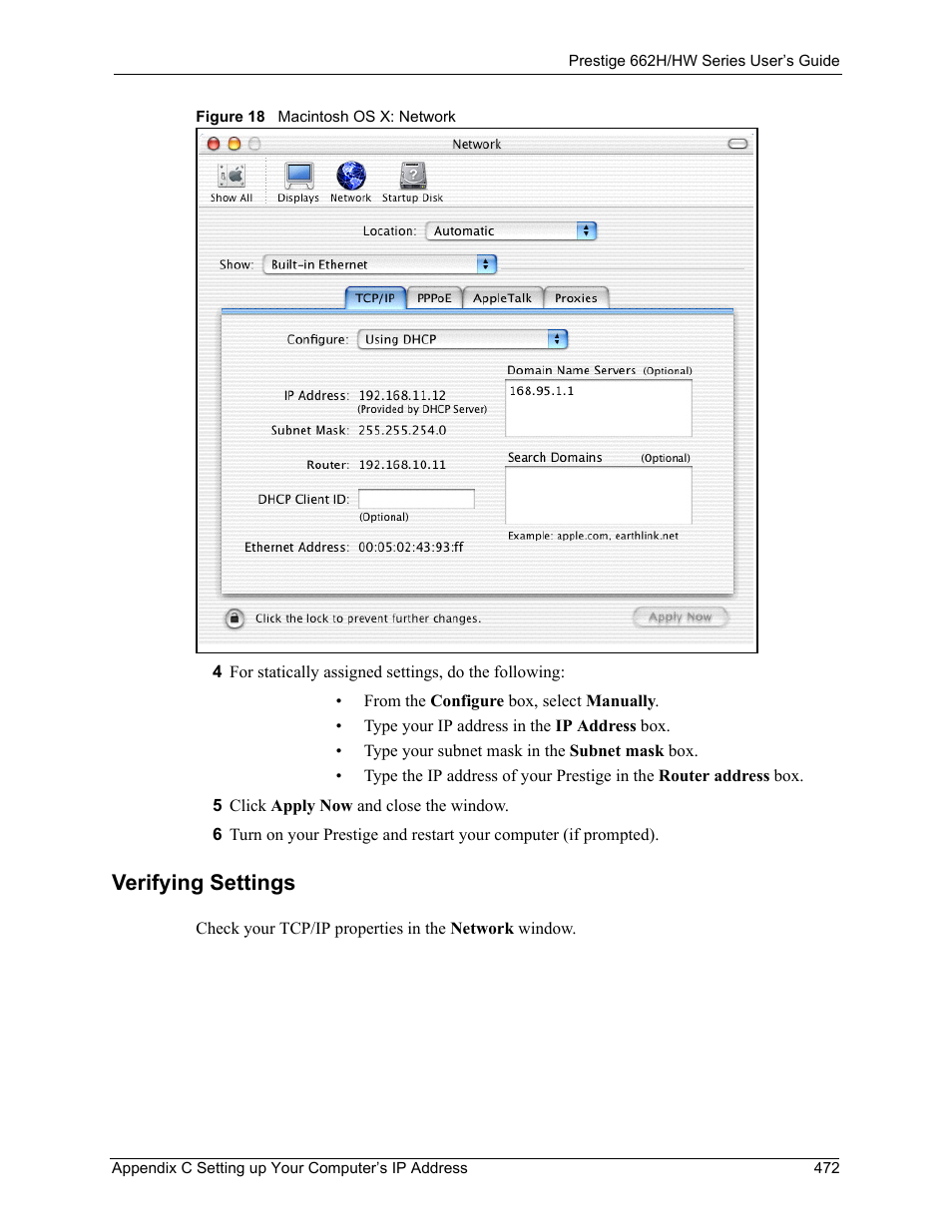 Verifying settings, Figure 18 macintosh os x: network | ZyXEL Communications 662HW Series User Manual | Page 472 / 563