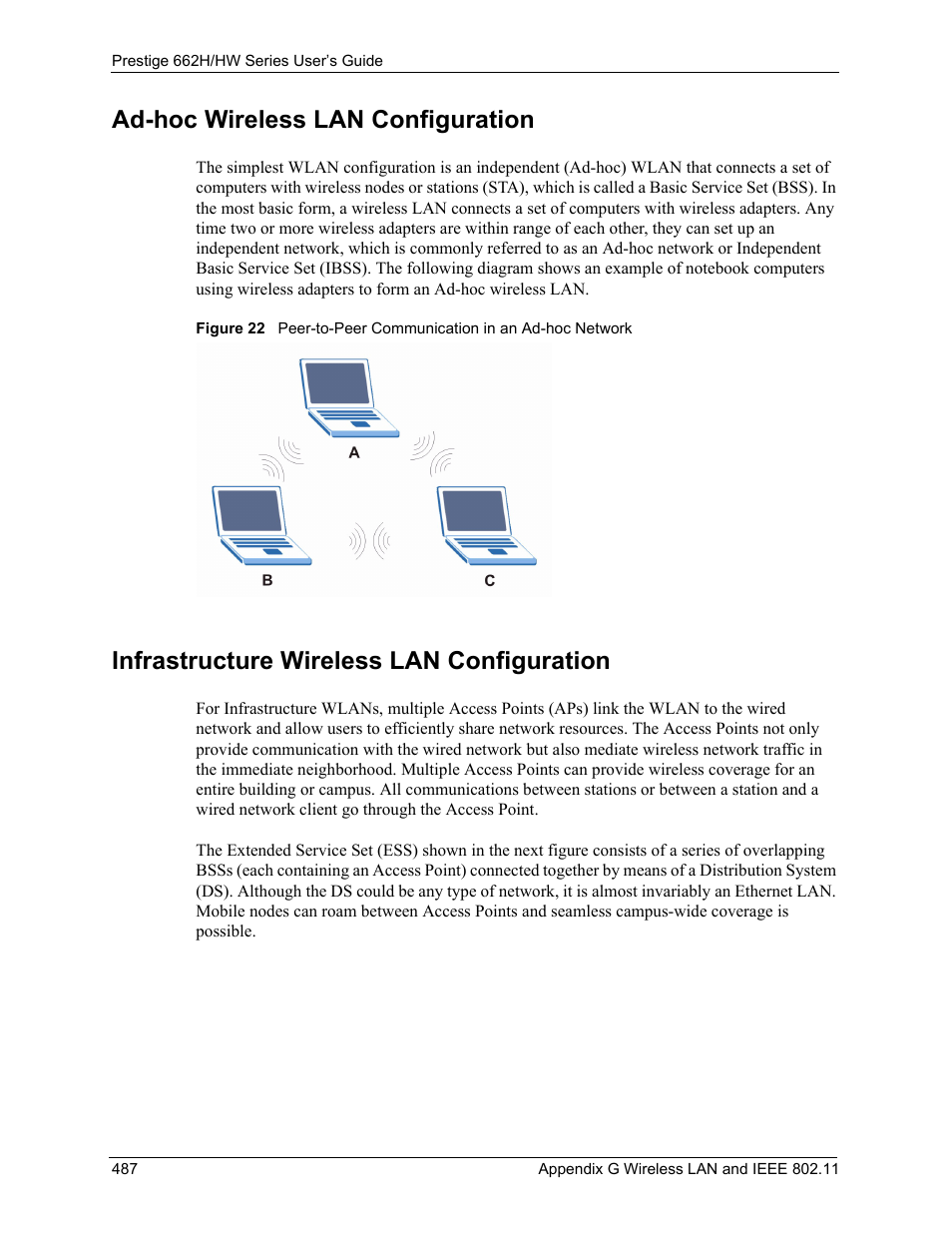 Ad-hoc wireless lan configuration, Infrastructure wireless lan configuration | ZyXEL Communications 662HW Series User Manual | Page 487 / 563