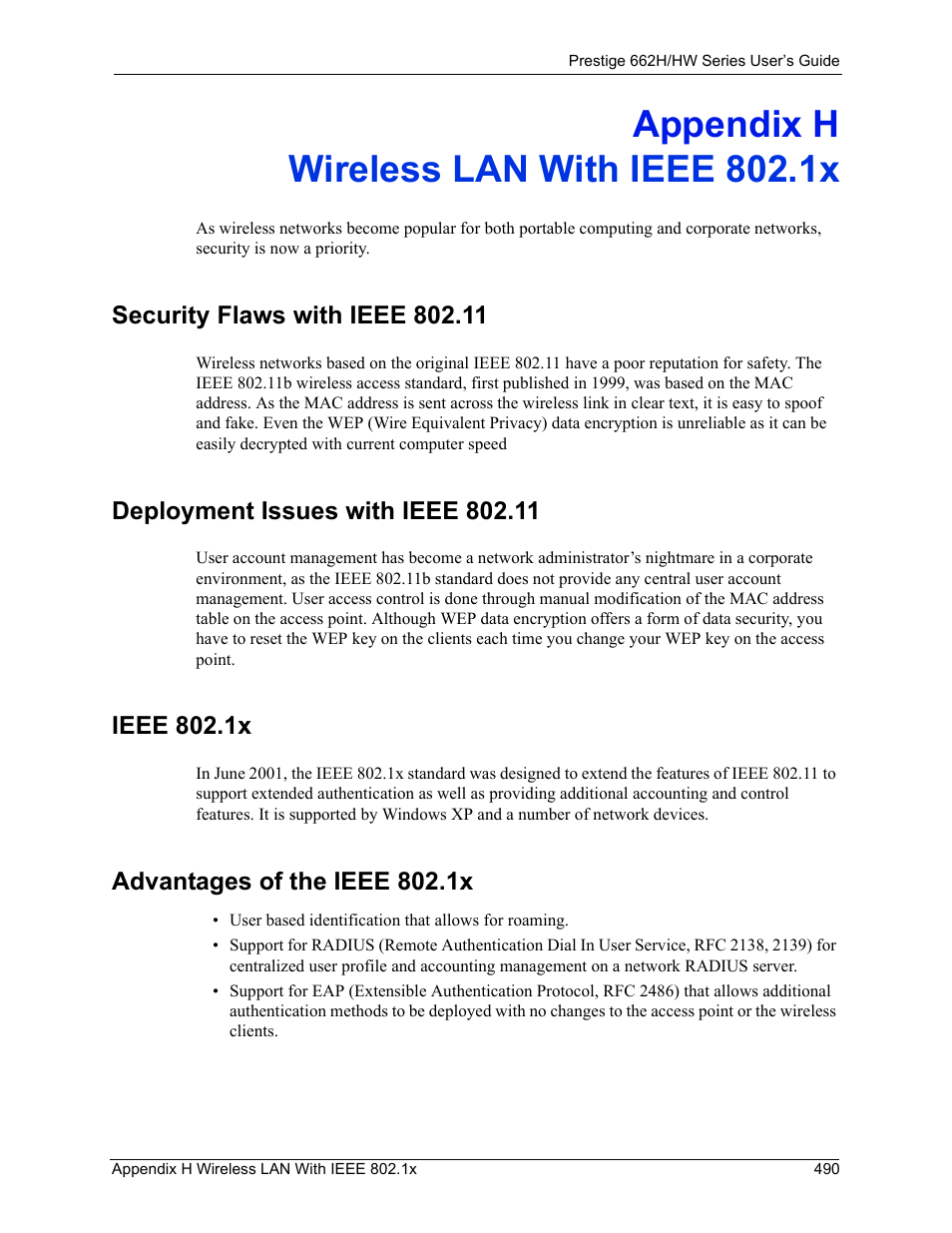 Wireless lan with ieee 802.1x, Appendix h wireless lan with ieee 802.1x, Ieee 802.1x advantages of the ieee 802.1x | ZyXEL Communications 662HW Series User Manual | Page 490 / 563