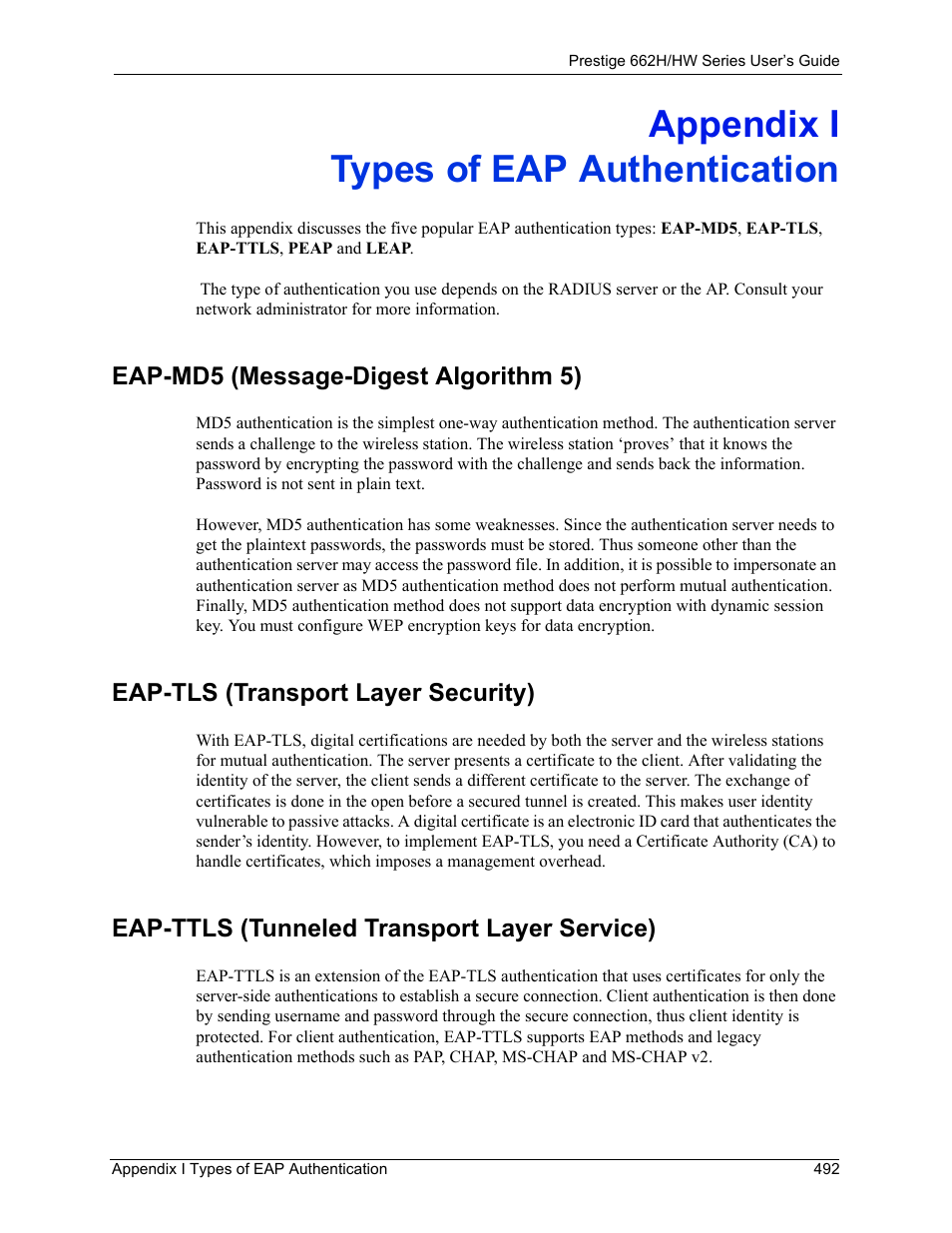 Types of eap authentication, Appendix i types of eap authentication | ZyXEL Communications 662HW Series User Manual | Page 492 / 563