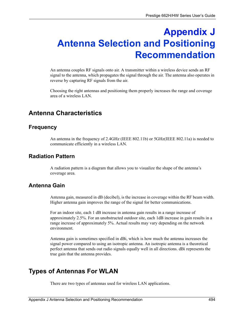 Antenna selection and positioning recommendation, Antenna characteristics, Frequency radiation pattern antenna gain | Types of antennas for wlan | ZyXEL Communications 662HW Series User Manual | Page 494 / 563