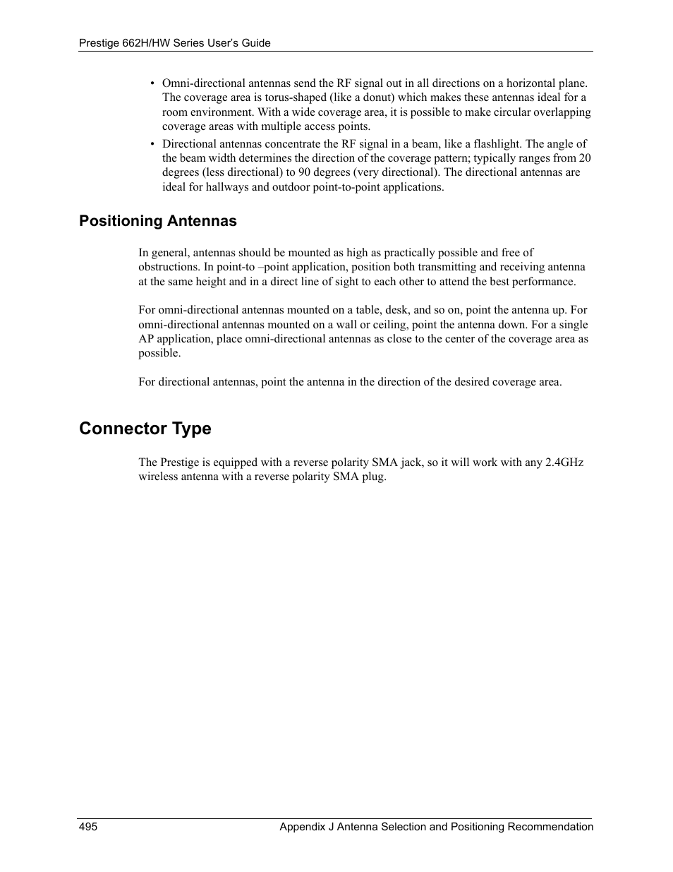 Positioning antennas, Connector type | ZyXEL Communications 662HW Series User Manual | Page 495 / 563