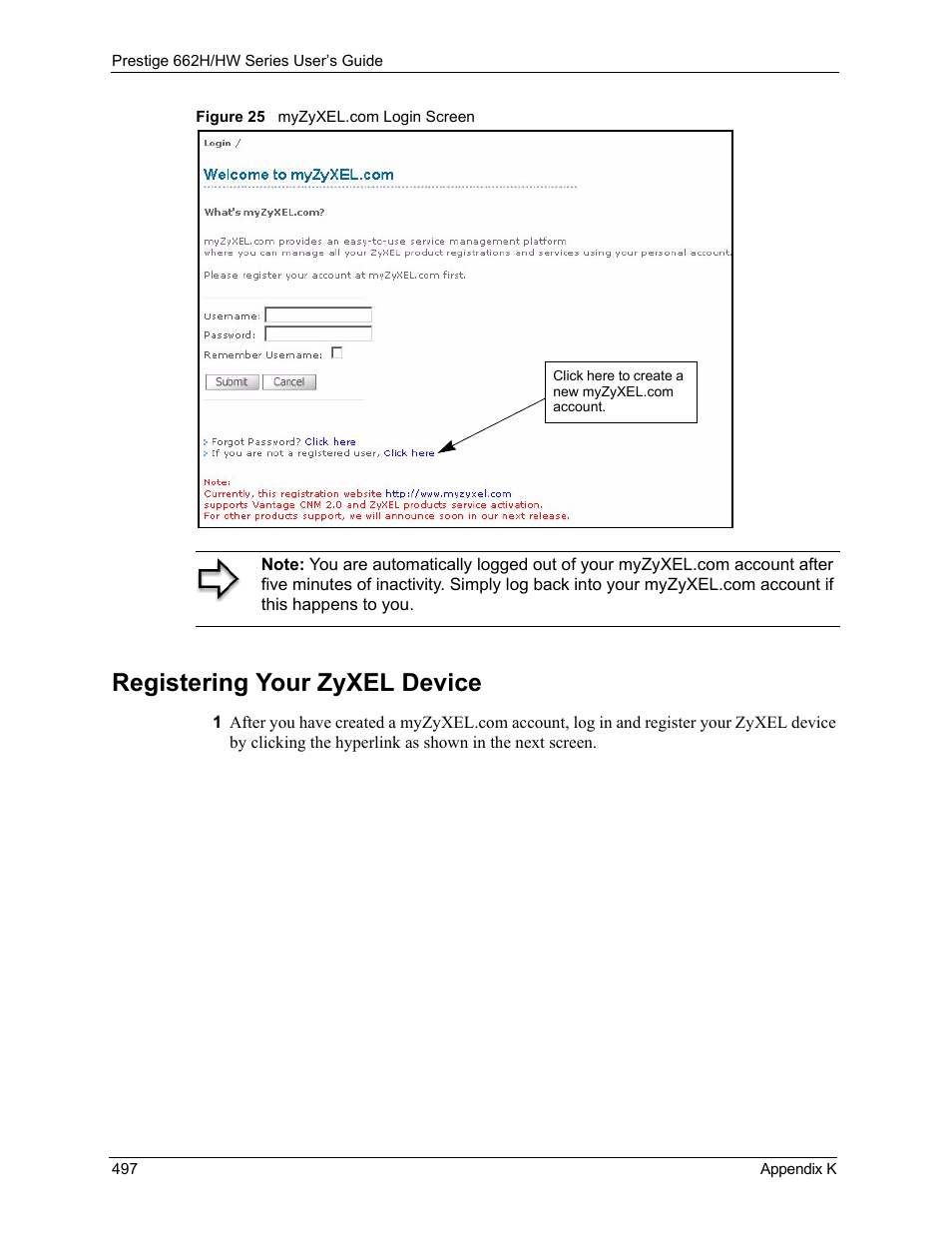 Registering your zyxel device, Figure 25 myzyxel.com login screen | ZyXEL Communications 662HW Series User Manual | Page 497 / 563