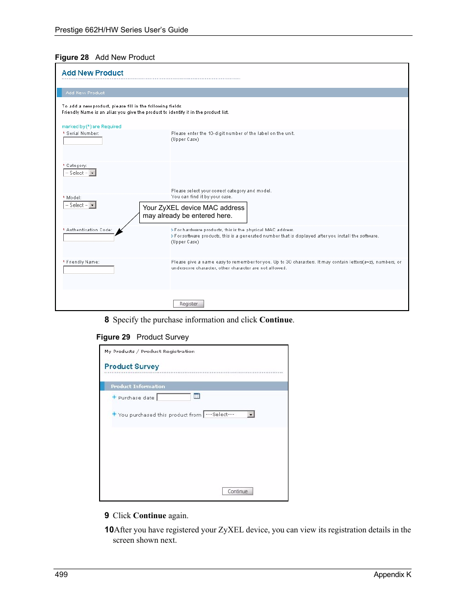 Figure 28 add new product figure 29 product survey | ZyXEL Communications 662HW Series User Manual | Page 499 / 563