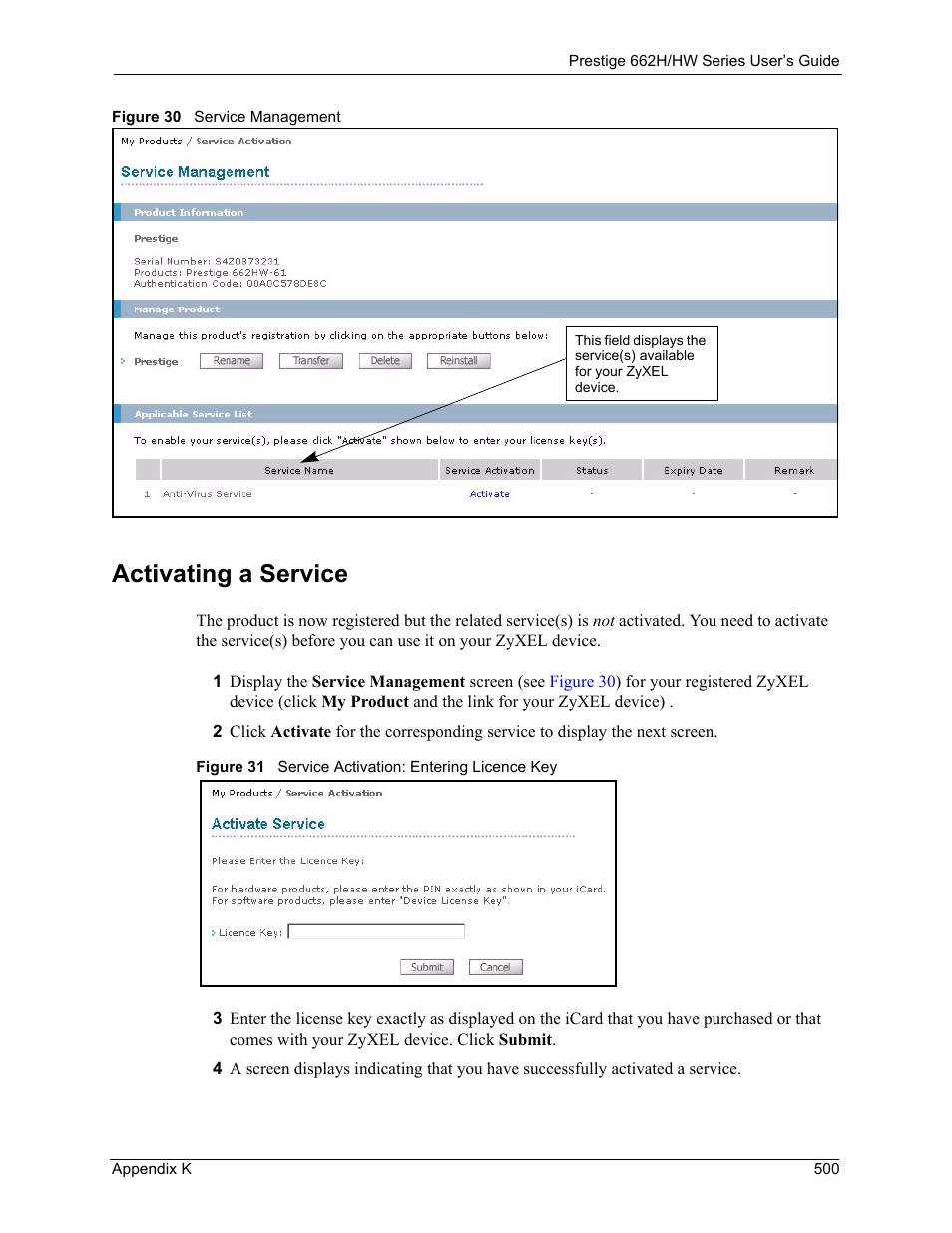Activating a service | ZyXEL Communications 662HW Series User Manual | Page 500 / 563