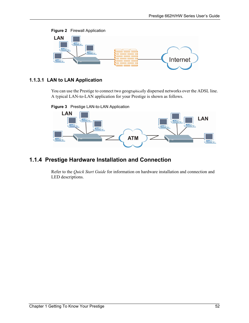1 lan to lan application, 4 prestige hardware installation and connection | ZyXEL Communications 662HW Series User Manual | Page 52 / 563
