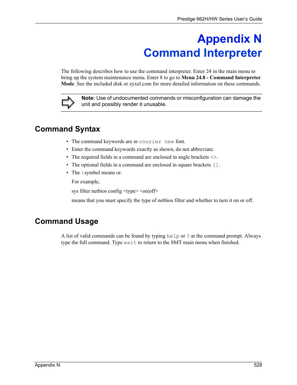 Command interpreter, Appendix n command interpreter, Command syntax command usage | Command syntax, Command usage | ZyXEL Communications 662HW Series User Manual | Page 528 / 563