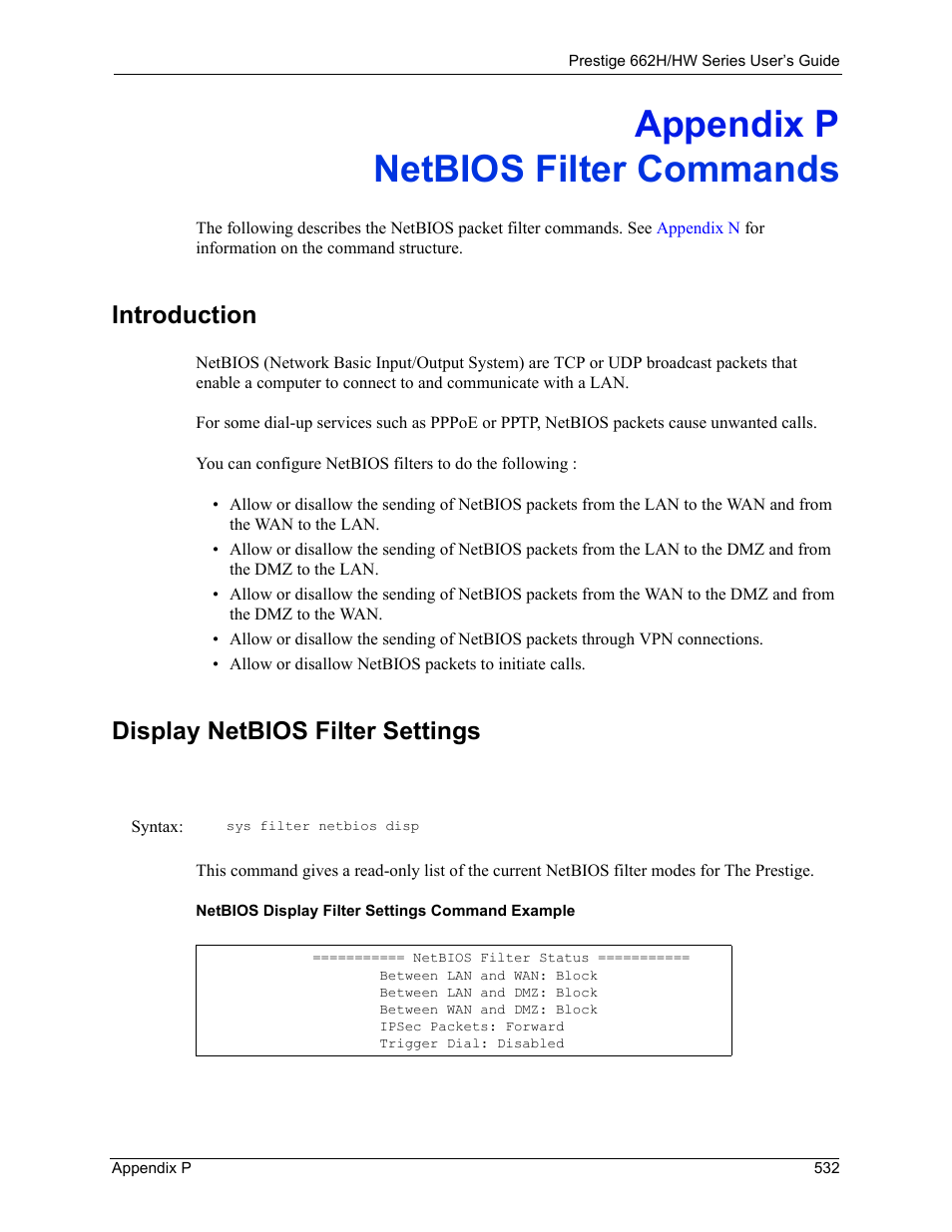 Netbios filter commands, Appendix p netbios filter commands, Introduction display netbios filter settings | Introduction, Display netbios filter settings | ZyXEL Communications 662HW Series User Manual | Page 532 / 563