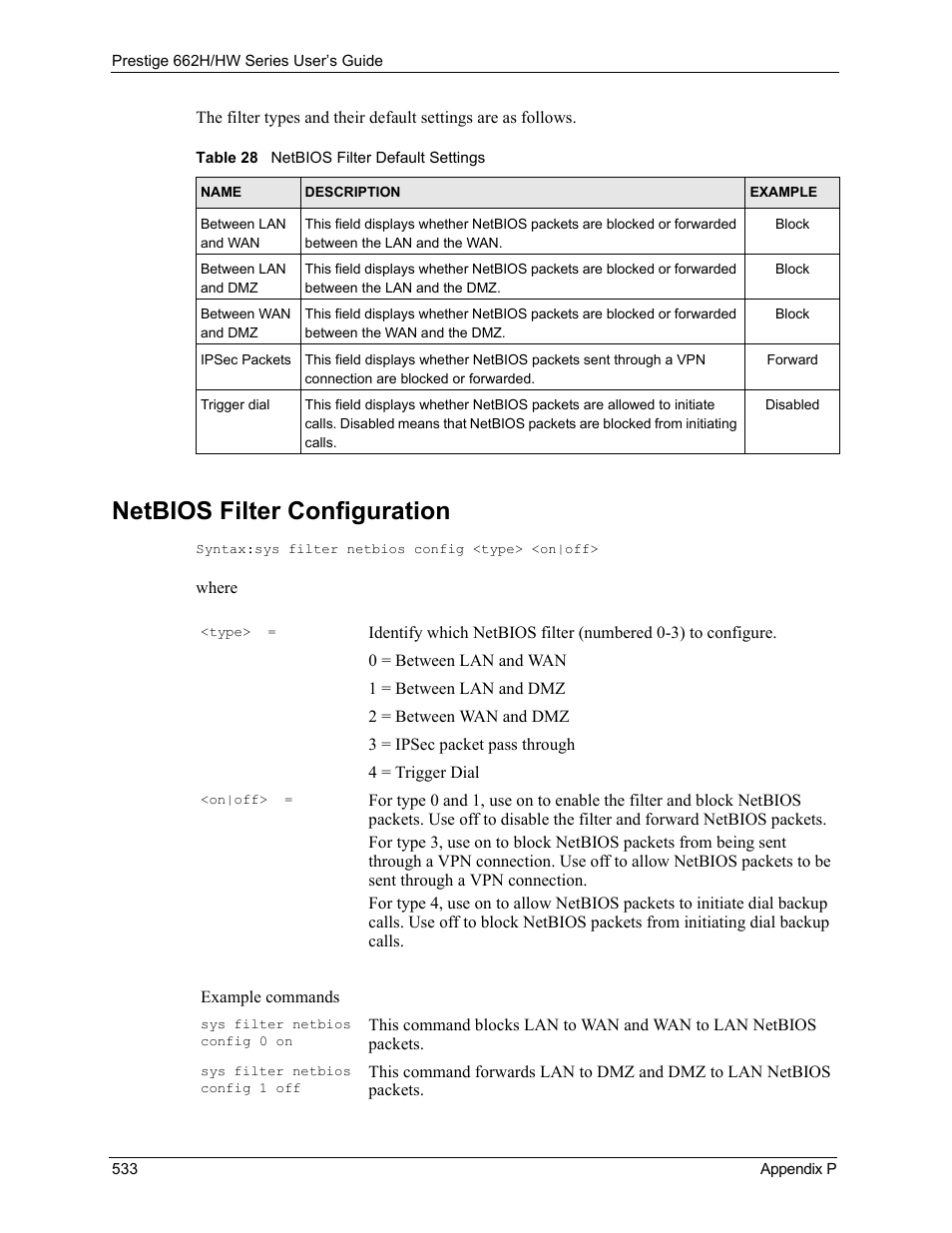 Netbios filter configuration, Table 28 netbios filter default settings | ZyXEL Communications 662HW Series User Manual | Page 533 / 563