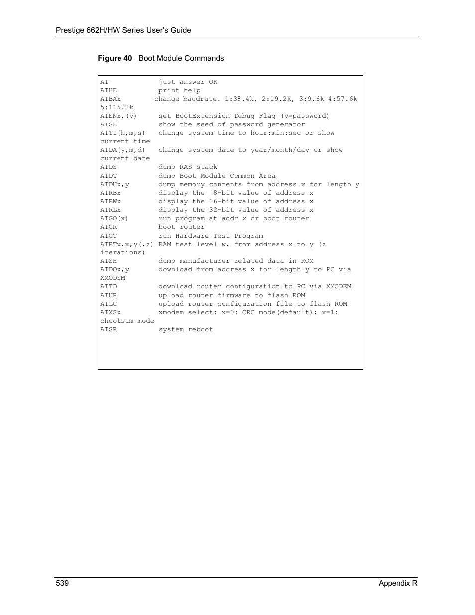 Figure 40 boot module commands | ZyXEL Communications 662HW Series User Manual | Page 539 / 563