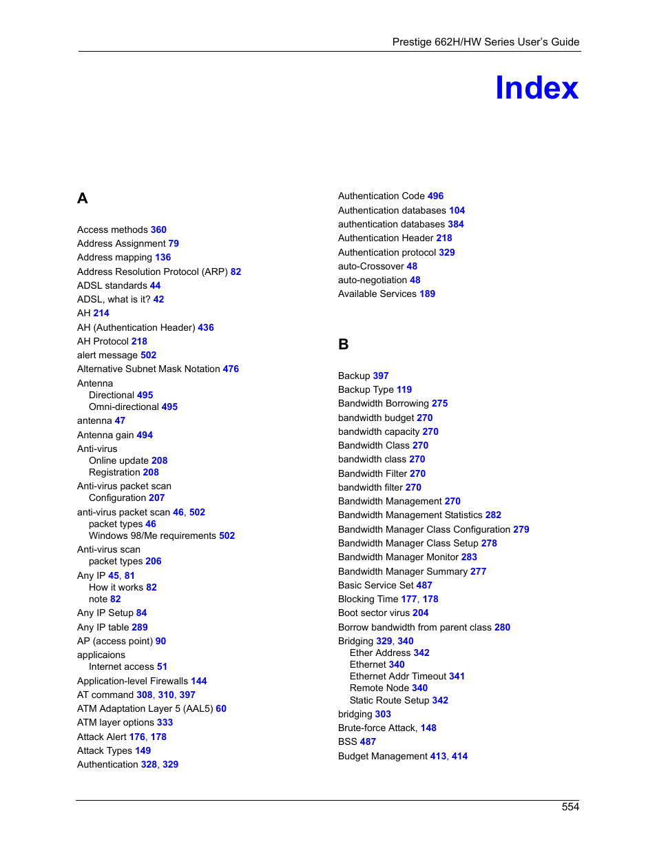 Index | ZyXEL Communications 662HW Series User Manual | Page 554 / 563
