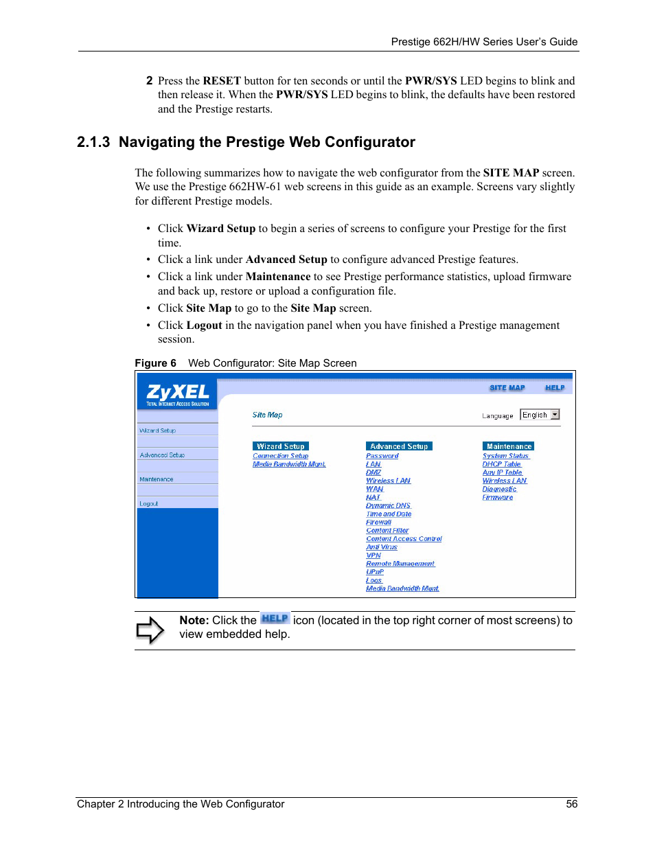 3 navigating the prestige web configurator, Figure 6 web configurator: site map screen | ZyXEL Communications 662HW Series User Manual | Page 56 / 563