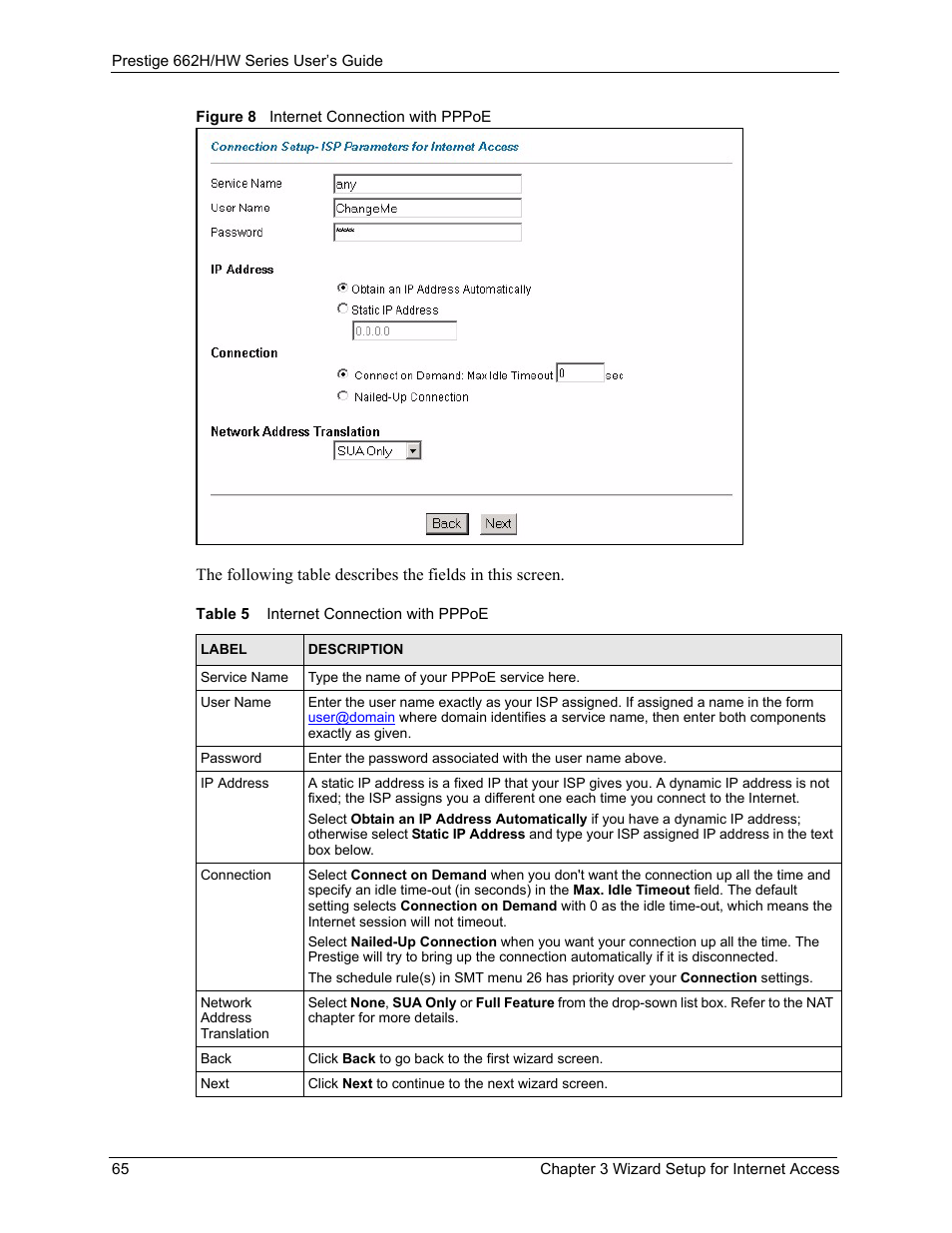 Figure 8 internet connection with pppoe, Table 5 internet connection with pppoe | ZyXEL Communications 662HW Series User Manual | Page 65 / 563