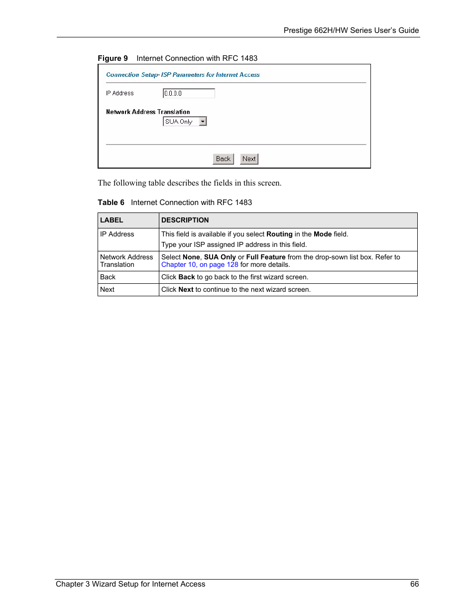 Figure 9 internet connection with rfc 1483, Table 6 internet connection with rfc 1483 | ZyXEL Communications 662HW Series User Manual | Page 66 / 563