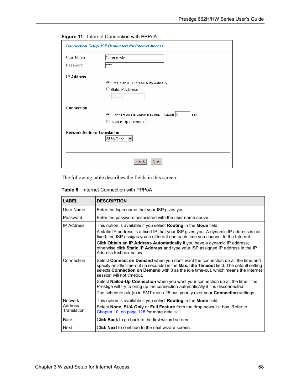 Figure 11 internet connection with pppoa, Table 8 internet connection with pppoa | ZyXEL Communications 662HW Series User Manual | Page 68 / 563