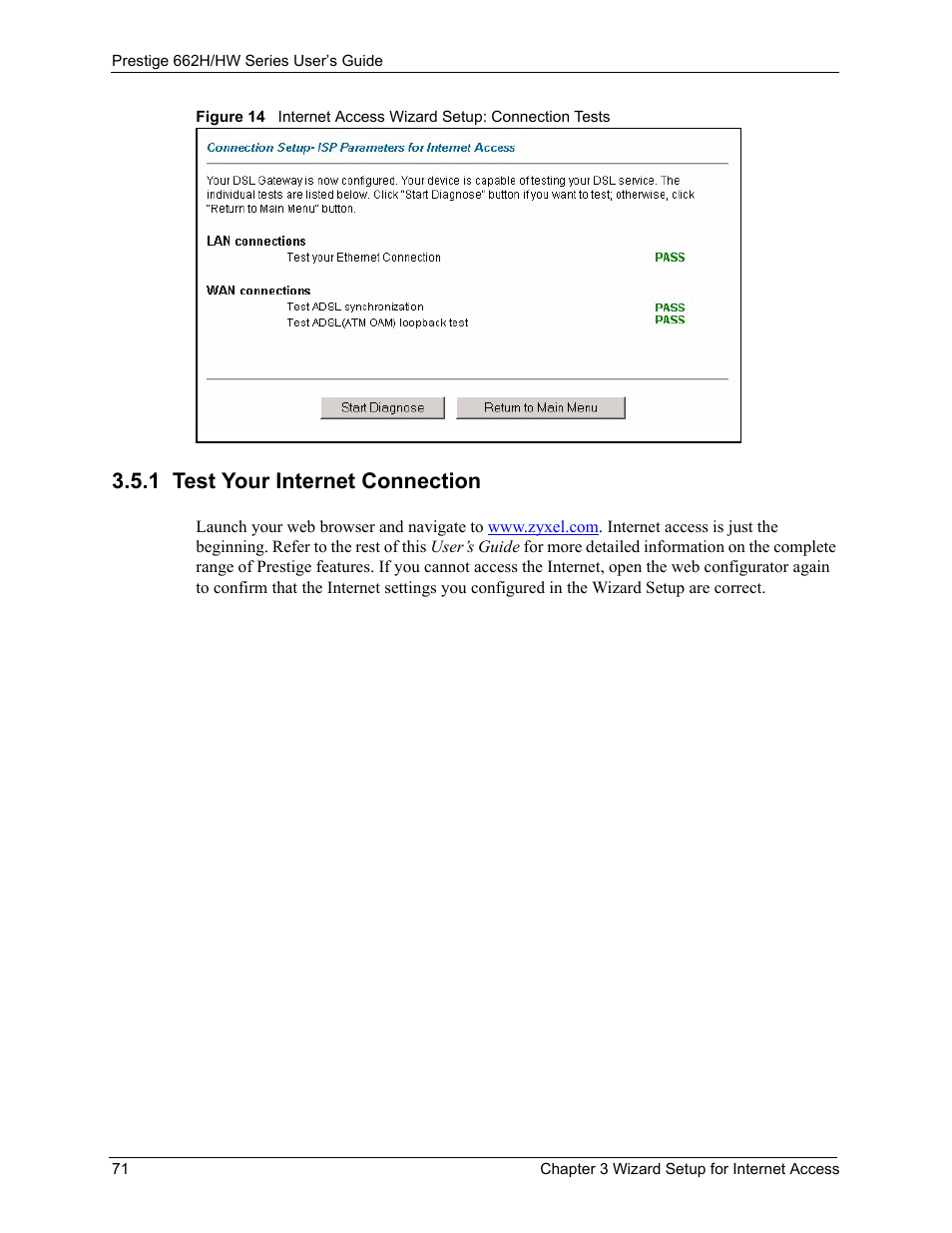 1 test your internet connection | ZyXEL Communications 662HW Series User Manual | Page 71 / 563