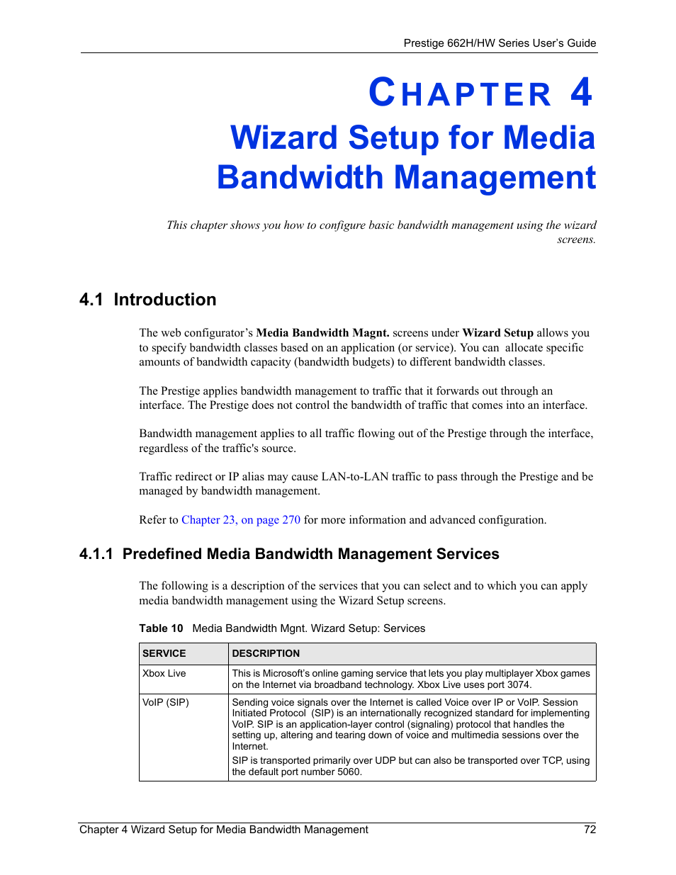 Wizard setup for media bandwidth management, 1 introduction, 1 predefined media bandwidth management services | ZyXEL Communications 662HW Series User Manual | Page 72 / 563