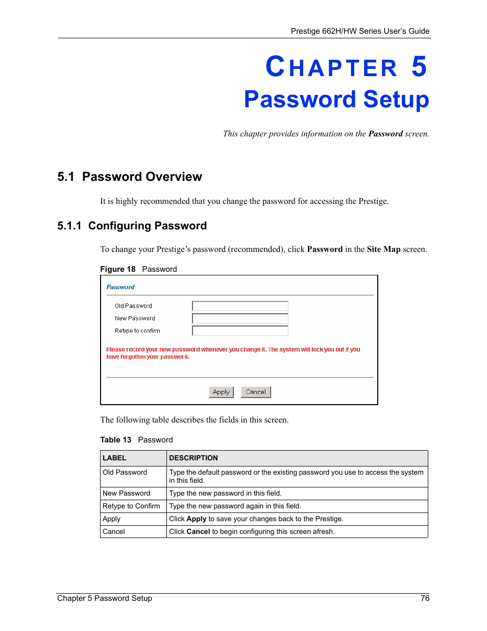 Password setup, 1 password overview, 1 configuring password | Chapter 5 password setup, Figure 18 password, Table 13 password | ZyXEL Communications 662HW Series User Manual | Page 76 / 563