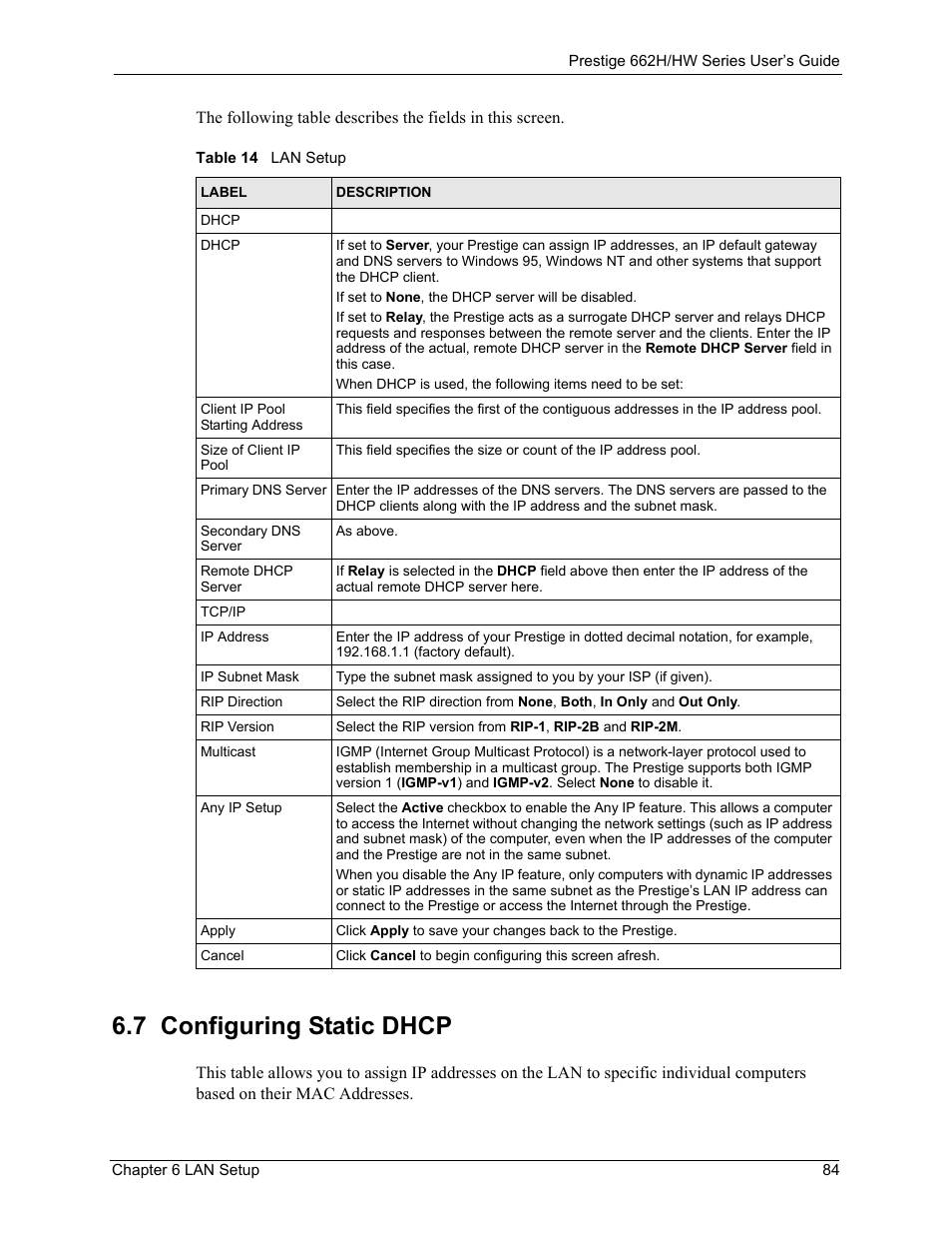 7 configuring static dhcp, Table 14 lan setup | ZyXEL Communications 662HW Series User Manual | Page 84 / 563