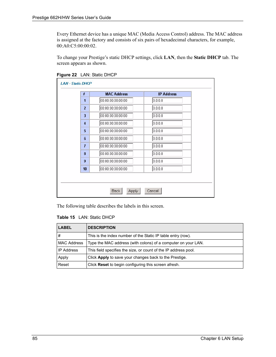 Figure 22 lan: static dhcp, Table 15 lan: static dhcp | ZyXEL Communications 662HW Series User Manual | Page 85 / 563