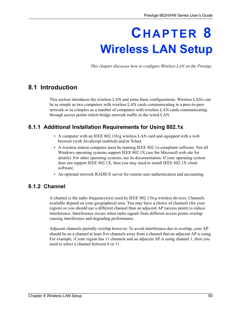 Wireless lan setup, 1 introduction, 2 channel | Chapter 8 wireless lan setup | ZyXEL Communications 662HW Series User Manual | Page 90 / 563