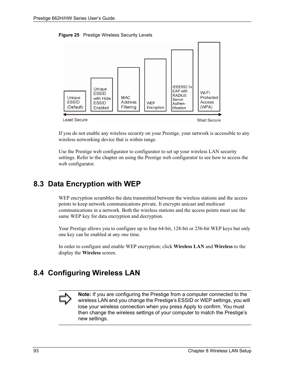 3 data encryption with wep, 4 configuring wireless lan, Figure 25 prestige wireless security levels | ZyXEL Communications 662HW Series User Manual | Page 93 / 563