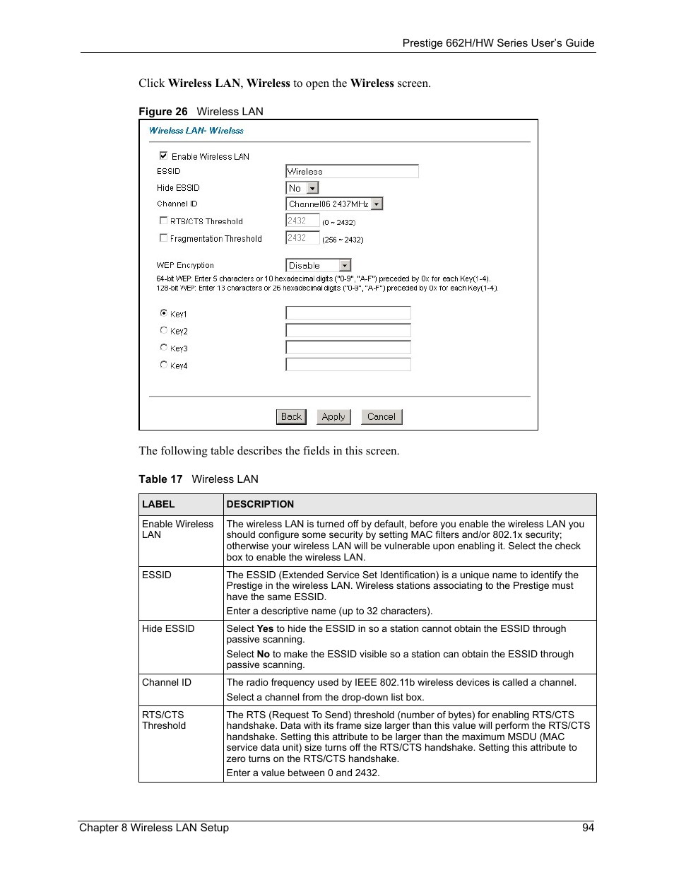 Figure 26 wireless lan, Table 17 wireless lan | ZyXEL Communications 662HW Series User Manual | Page 94 / 563