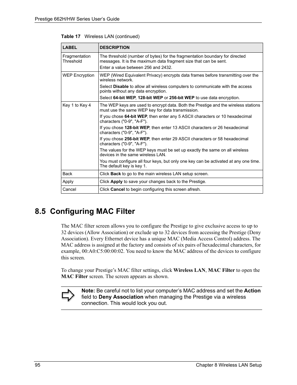 5 configuring mac filter | ZyXEL Communications 662HW Series User Manual | Page 95 / 563