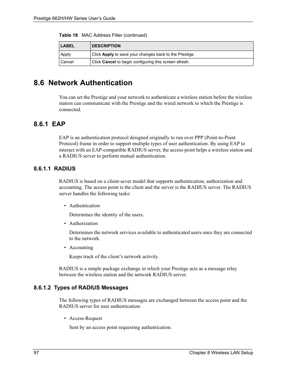 6 network authentication, 1 eap, 1 radius | 2 types of radius messages, 1 radius 8.6.1.2 types of radius messages | ZyXEL Communications 662HW Series User Manual | Page 97 / 563