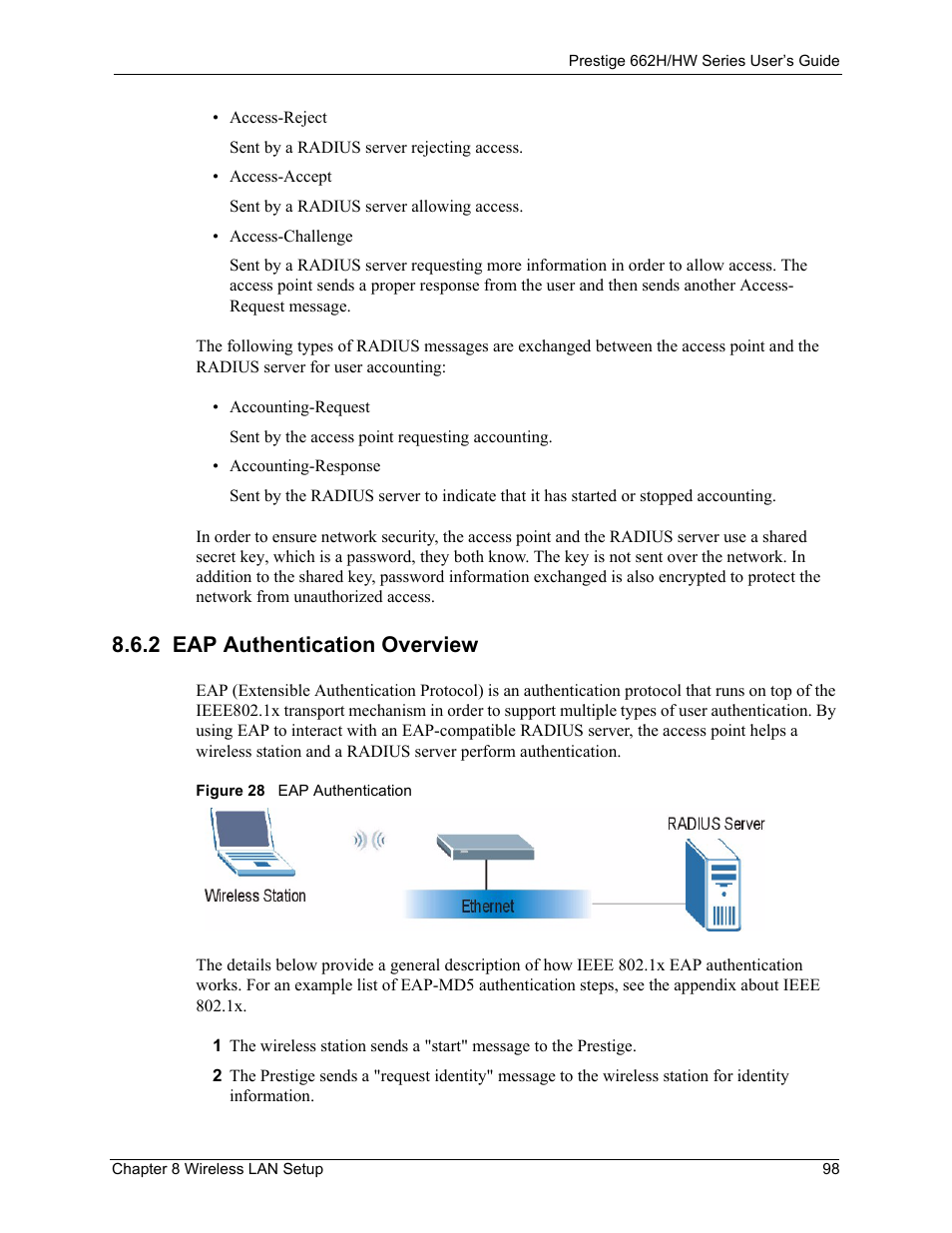 2 eap authentication overview, Figure 28 eap authentication | ZyXEL Communications 662HW Series User Manual | Page 98 / 563