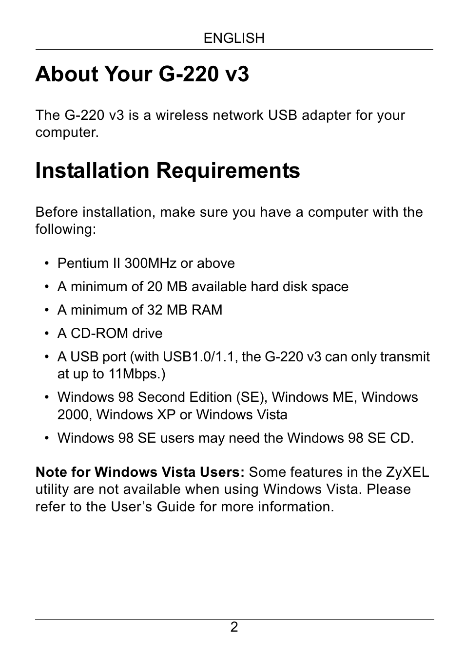 English, About your g-220 v3, Installation requirements | ZyXEL Communications G-220 v3 User Manual | Page 2 / 13