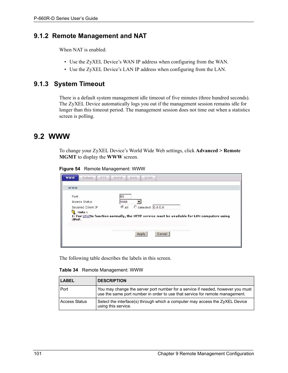 2 remote management and nat, 3 system timeout, 2 www | 2 remote management and nat 9.1.3 system timeout, Figure 54 remote management: www, Table 34 remote management: www | ZyXEL Communications P-660R-D Series User Manual | Page 102 / 204