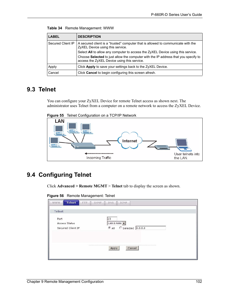 3 telnet, 4 configuring telnet, 3 telnet 9.4 configuring telnet | ZyXEL Communications P-660R-D Series User Manual | Page 103 / 204