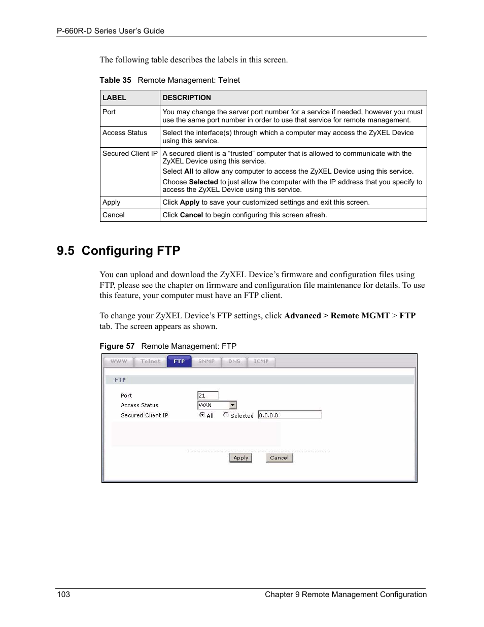5 configuring ftp, Figure 57 remote management: ftp, Table 35 remote management: telnet | ZyXEL Communications P-660R-D Series User Manual | Page 104 / 204