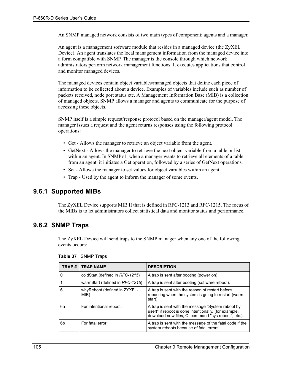 1 supported mibs, 2 snmp traps, 1 supported mibs 9.6.2 snmp traps | Table 37 snmp traps | ZyXEL Communications P-660R-D Series User Manual | Page 106 / 204