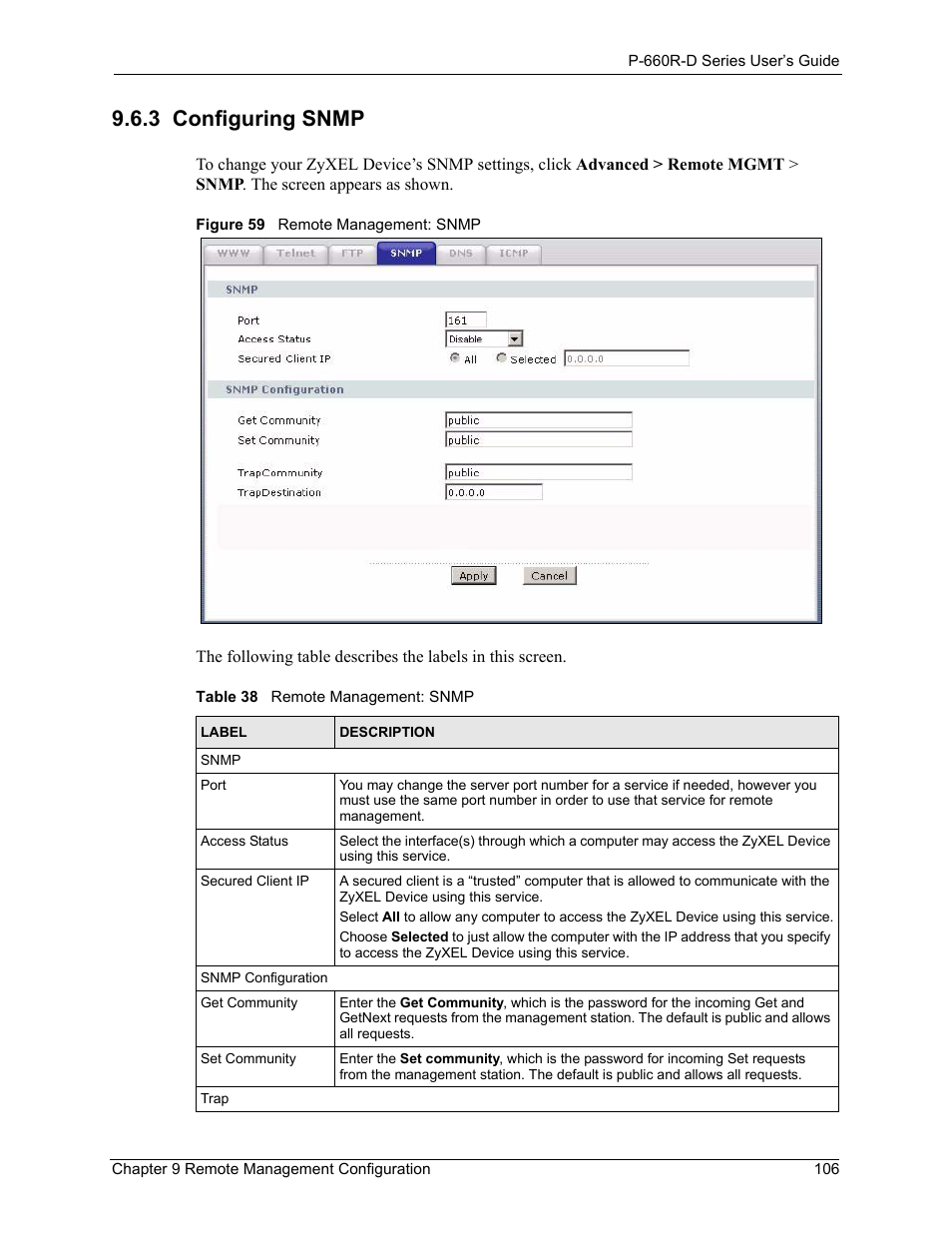 3 configuring snmp, Figure 59 remote management: snmp, Table 38 remote management: snmp | ZyXEL Communications P-660R-D Series User Manual | Page 107 / 204