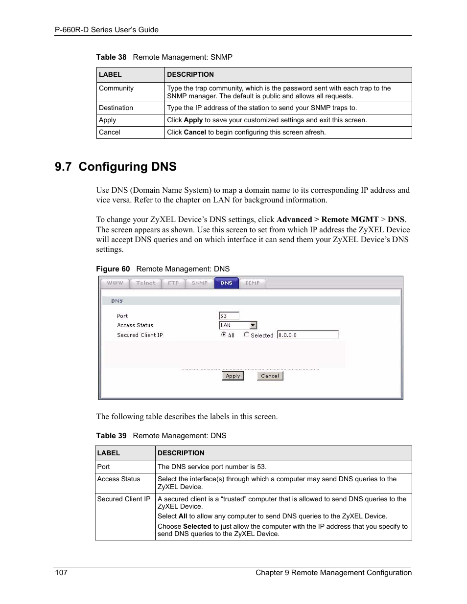 7 configuring dns, Figure 60 remote management: dns, Table 39 remote management: dns | ZyXEL Communications P-660R-D Series User Manual | Page 108 / 204