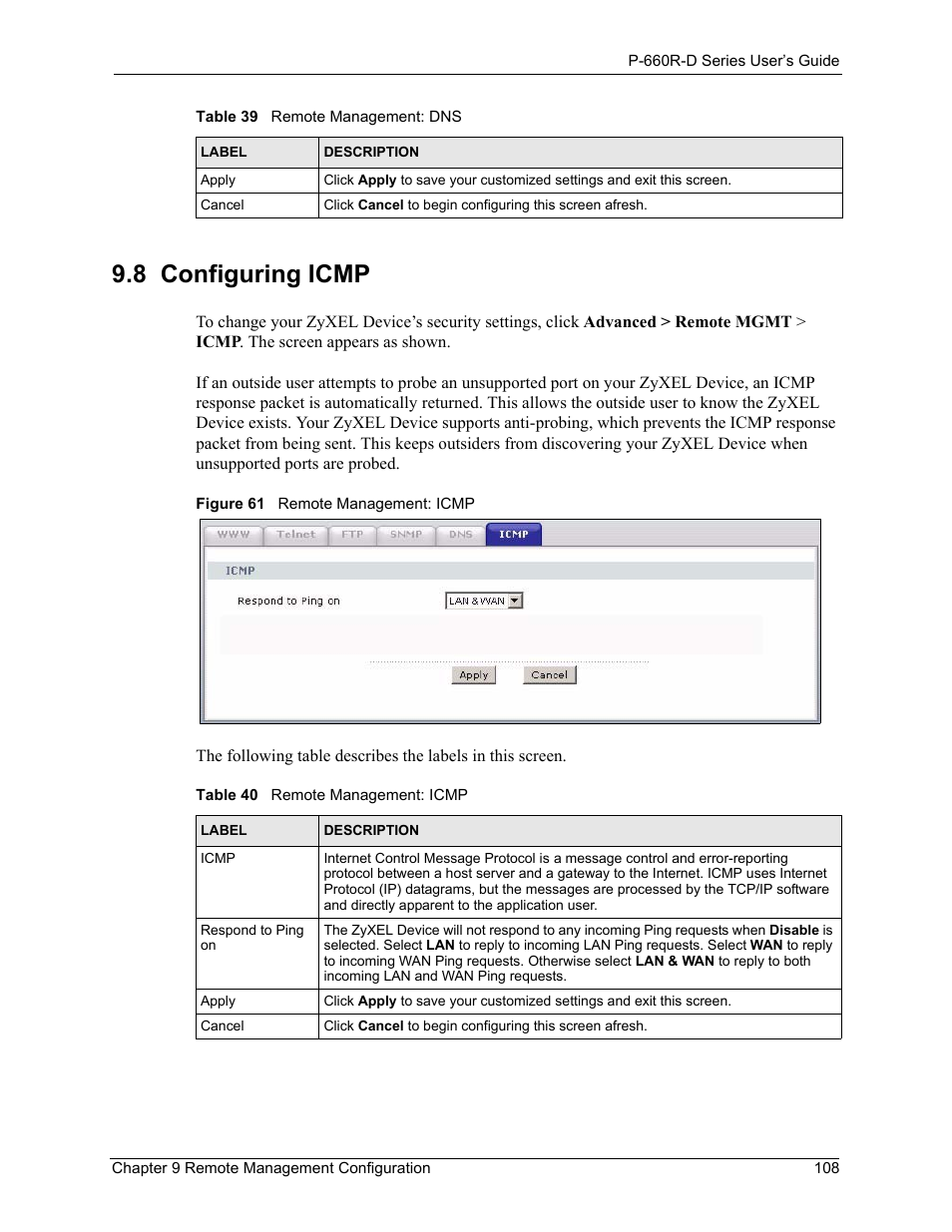 8 configuring icmp, Figure 61 remote management: icmp, Table 40 remote management: icmp | ZyXEL Communications P-660R-D Series User Manual | Page 109 / 204