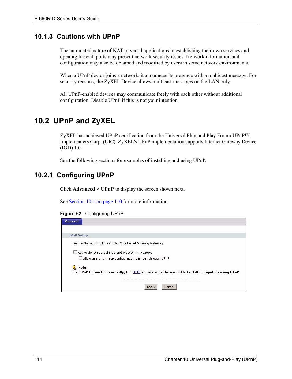 3 cautions with upnp, 2 upnp and zyxel, 1 configuring upnp | Figure 62 configuring upnp | ZyXEL Communications P-660R-D Series User Manual | Page 112 / 204