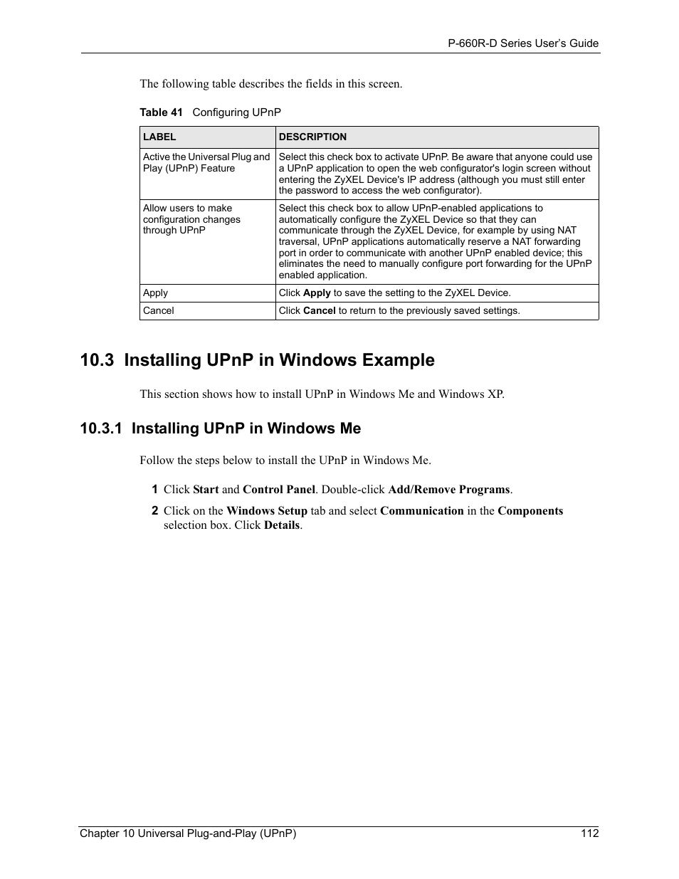 3 installing upnp in windows example, 1 installing upnp in windows me, Table 41 configuring upnp | ZyXEL Communications P-660R-D Series User Manual | Page 113 / 204