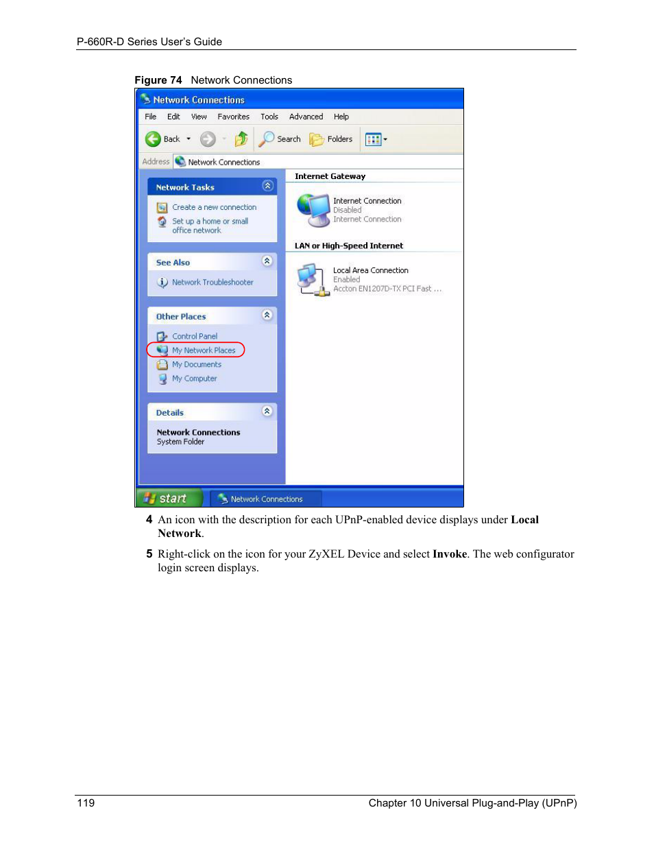 Figure 74 network connections | ZyXEL Communications P-660R-D Series User Manual | Page 120 / 204