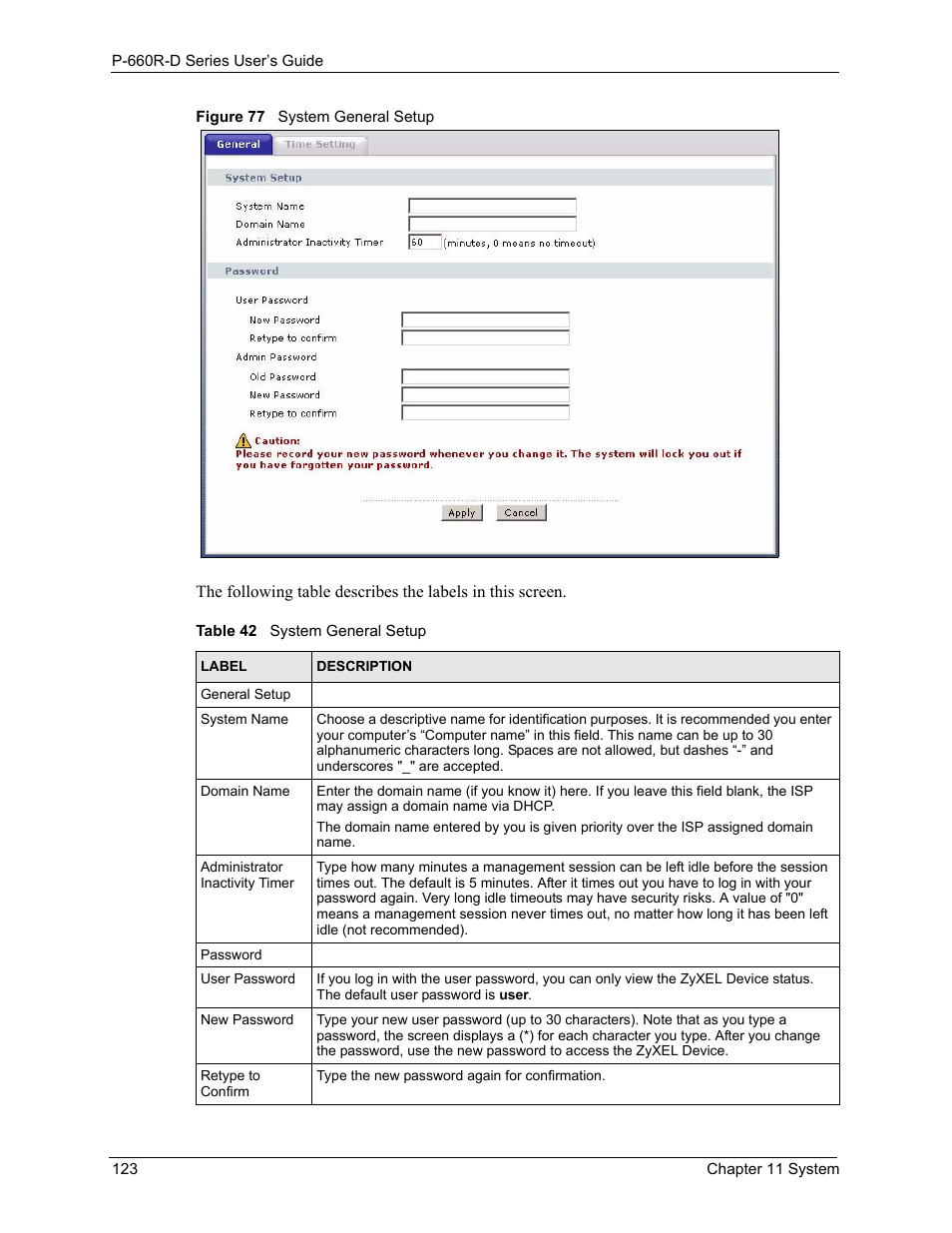 Figure 77 system general setup, Table 42 system general setup | ZyXEL Communications P-660R-D Series User Manual | Page 124 / 204