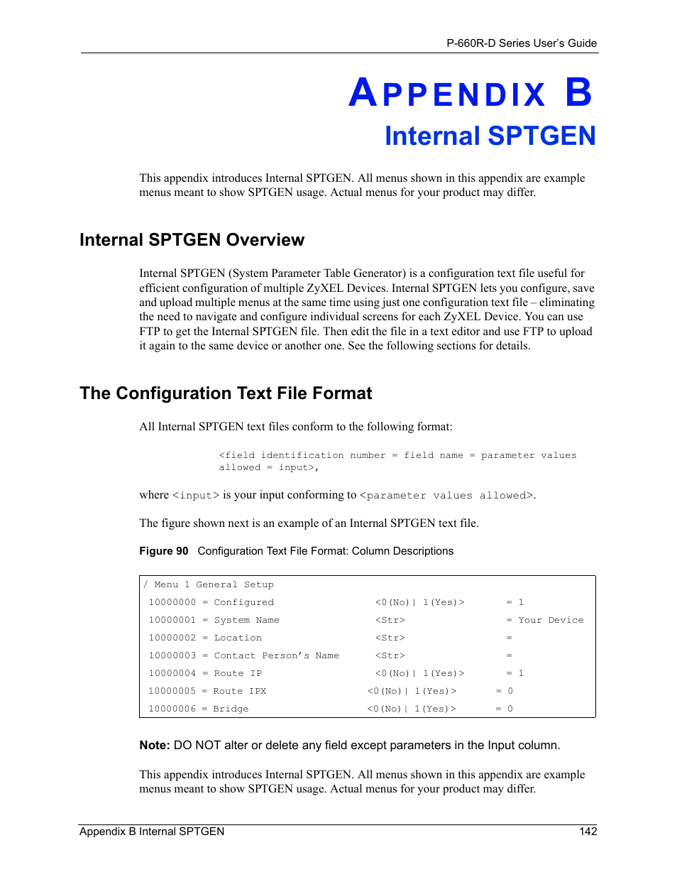 Internal sptgen, Appendix b internal sptgen, Internal sptgen overview | The configuration text file format | ZyXEL Communications P-660R-D Series User Manual | Page 143 / 204