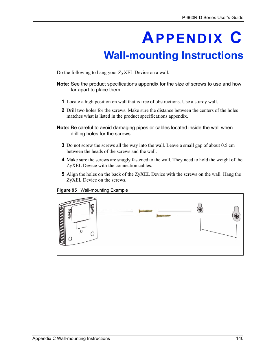 Wall-mounting instructions, Appendix c wall-mounting instructions, Figure 95 wall-mounting example | ZyXEL Communications P-660R-D Series User Manual | Page 159 / 204