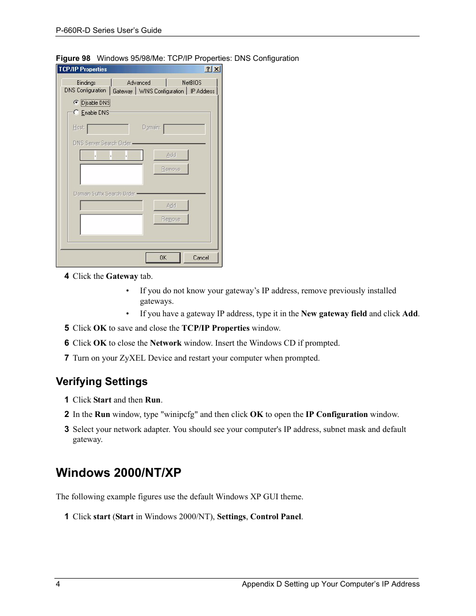 Windows 2000/nt/xp, Verifying settings | ZyXEL Communications P-660R-D Series User Manual | Page 164 / 204